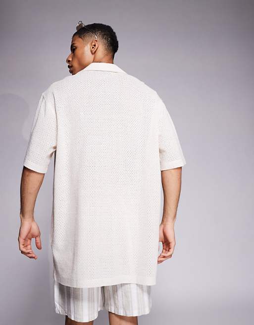 ASOS DESIGN Oversized Deep Revere Textured Long Length Shirt In Off White