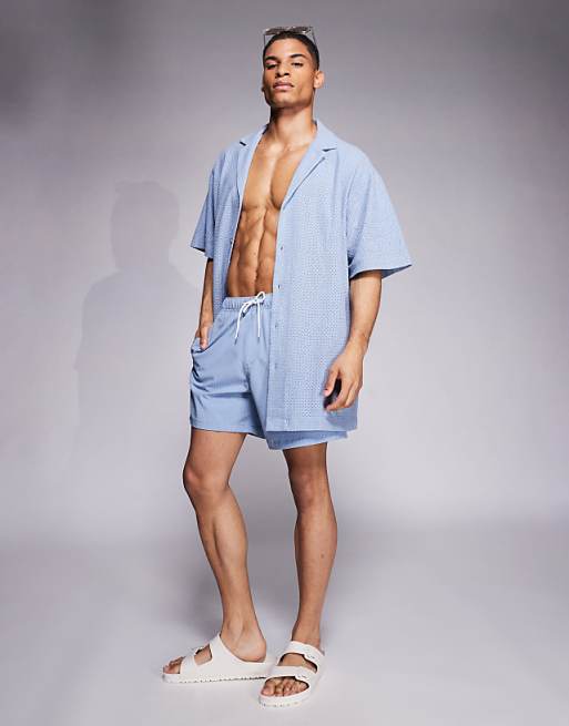 ASOS DESIGN Oversized Deep Revere Textured Long Length Shirt In Blue