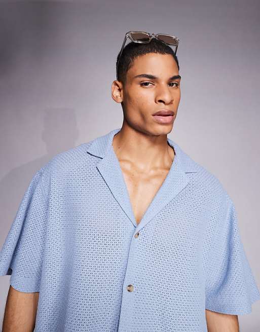 ASOS DESIGN Oversized Deep Revere Textured Long Length Shirt In Blue