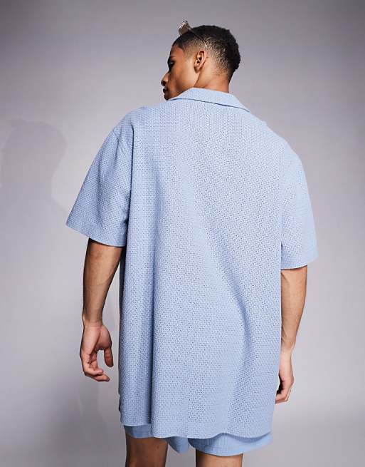 ASOS DESIGN Oversized Deep Revere Textured Long Length Shirt In Blue