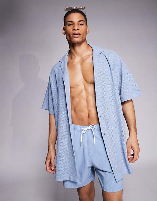 ASOS DESIGN oversized deep revere textured long length shirt in blue