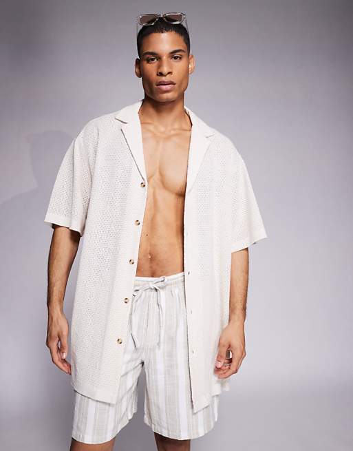 ASOS DESIGN oversized deep revere textured long length shirt in off white