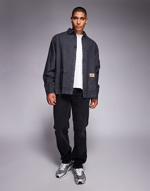 ASOS DESIGN Oversized Denim Look Shirt With Badge Detail In Washed Black