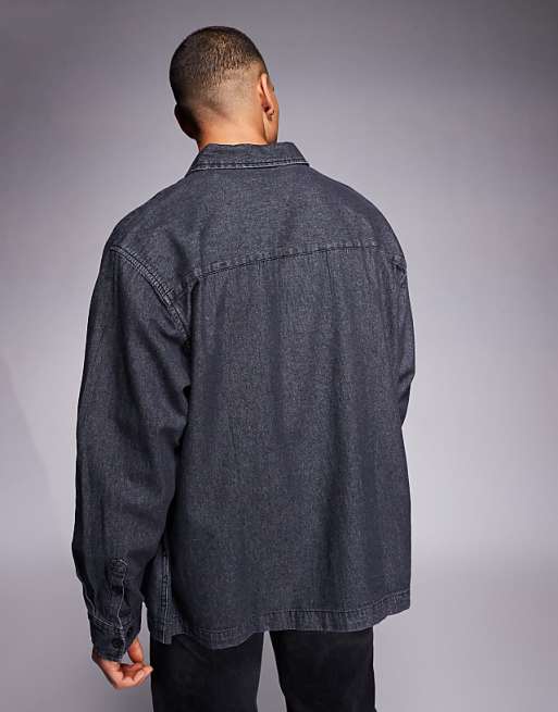 ASOS DESIGN Oversized Denim Look Shirt With Badge Detail In Washed Black