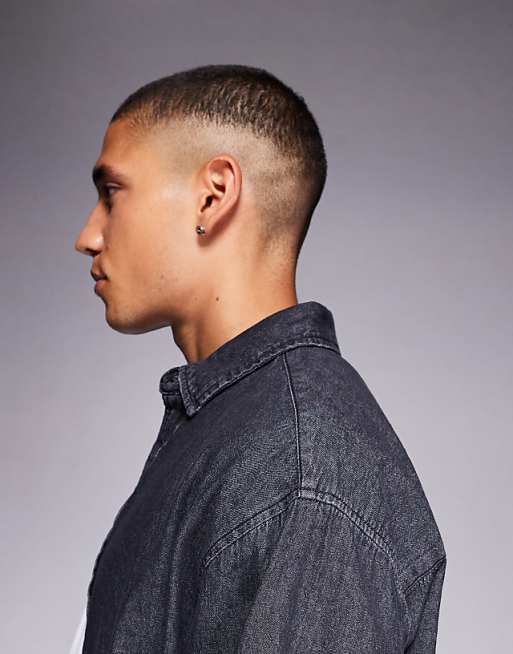 ASOS DESIGN Oversized Denim Look Shirt With Badge Detail In Washed Black