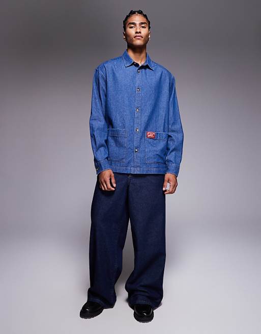 ASOS DESIGN Oversized Denim Look Shirt With Badge Detail In Blue