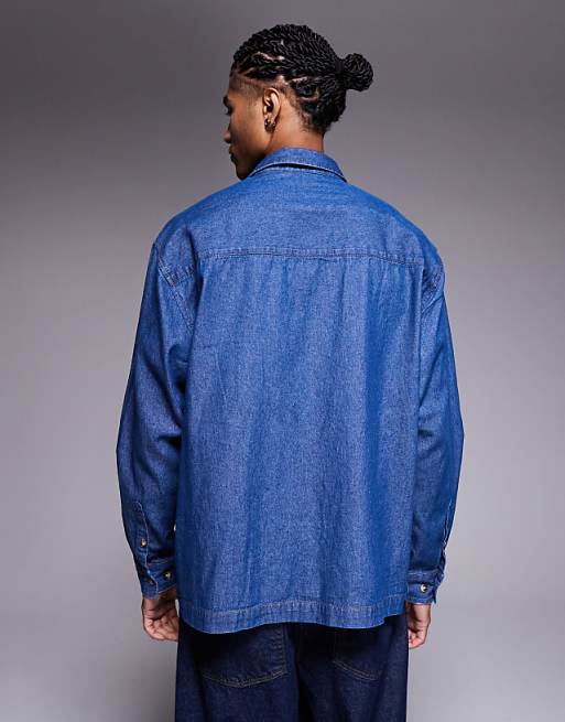 ASOS DESIGN Oversized Denim Look Shirt With Badge Detail In Blue