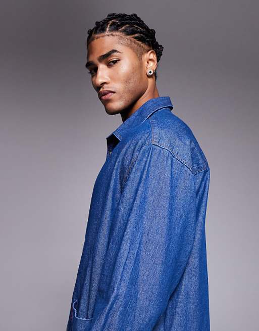 ASOS DESIGN Oversized Denim Look Shirt With Badge Detail In Blue