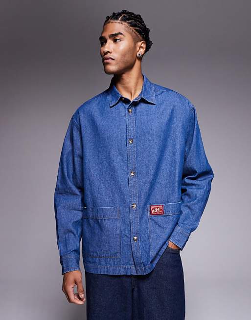 ASOS DESIGN oversized denim look shirt with badge detail in blue