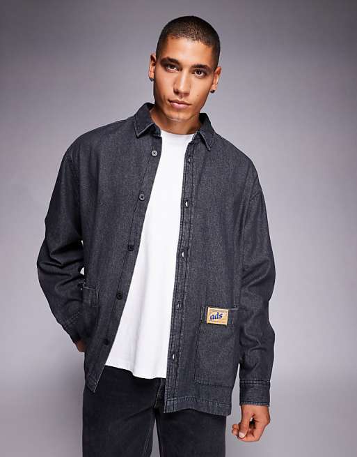 ASOS DESIGN oversized denim look shirt with badge detail in washed black