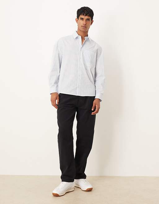 ASOS DESIGN Oversized Drop Shoulder Shirt With Embroidery In Blue And White Stripe