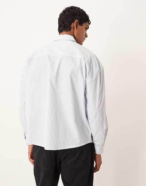 ASOS DESIGN Oversized Drop Shoulder Shirt With Embroidery In Blue And White Stripe