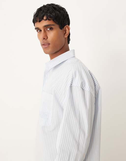 ASOS DESIGN Oversized Drop Shoulder Shirt With Embroidery In Blue And White Stripe