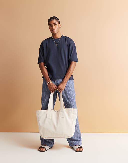 ASOS DESIGN Oversized Drop Shoulder T-shirt In Navy Linen Mix
