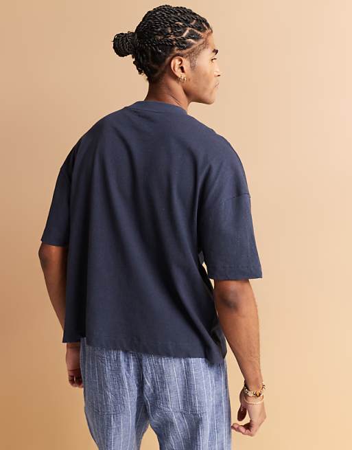 ASOS DESIGN Oversized Drop Shoulder T-shirt In Navy Linen Mix