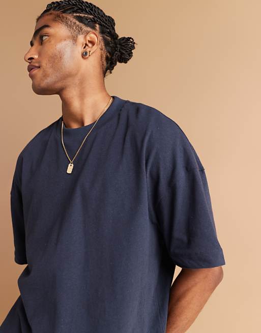 ASOS DESIGN Oversized Drop Shoulder T-shirt In Navy Linen Mix