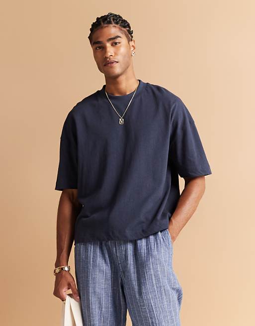 ASOS DESIGN oversized drop shoulder t-shirt in navy linen mix