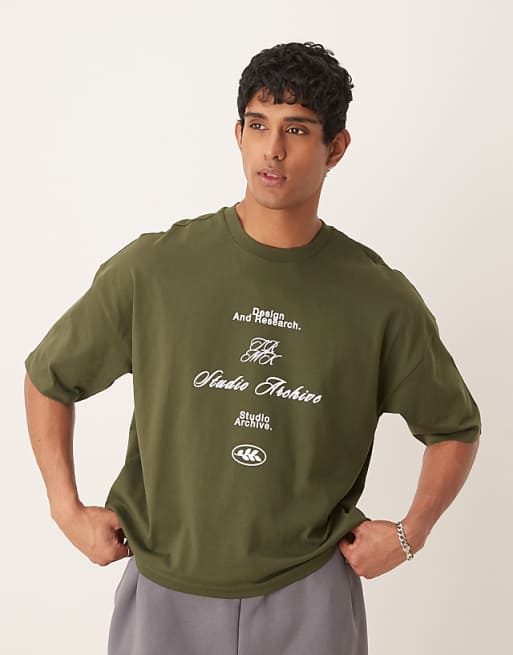 ASOS DESIGN Oversized Drop Shoulder T-shirt With Print In Dark Green