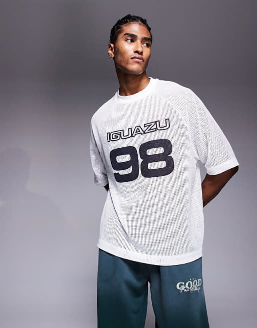 ASOS DESIGN Oversized Drop Shoulder T-shirt With Sport Graphic In Neutral Cotton Mesh