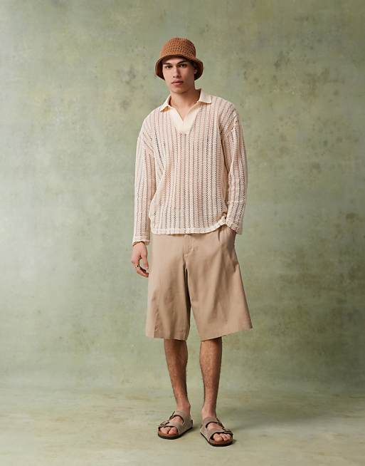 ASOS DESIGN Oversized Dropped Shoulder Polo In Beige Crochet