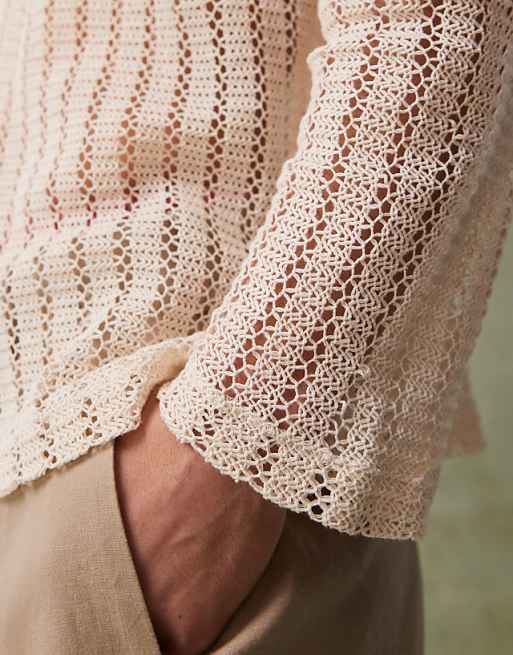ASOS DESIGN Oversized Dropped Shoulder Polo In Beige Crochet