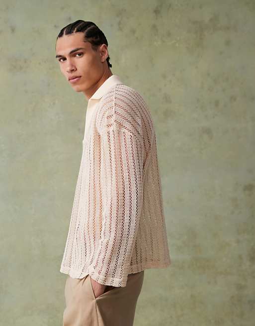 ASOS DESIGN oversized dropped shoulder polo in beige crochet
