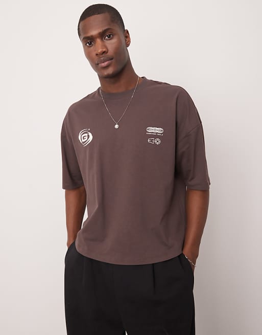 ASOS DESIGN Oversized Dropped Shoulder Tee With Print Detail In Brown