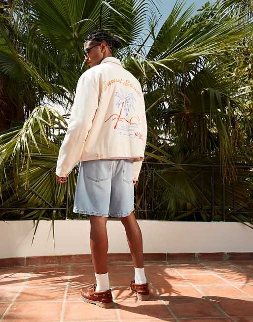 ASOS DESIGN Oversized Embroidered Harrington Jacket In Ecru