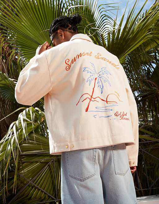 ASOS DESIGN oversized embroidered harrington jacket in ecru