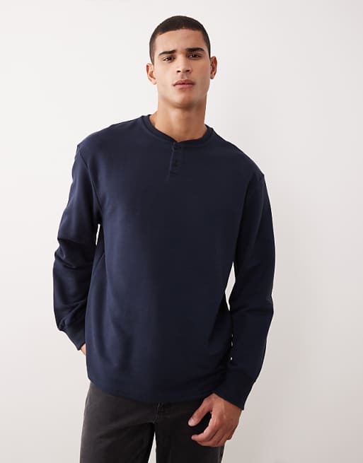 ASOS DESIGN oversized fit henley in navy pique cotton