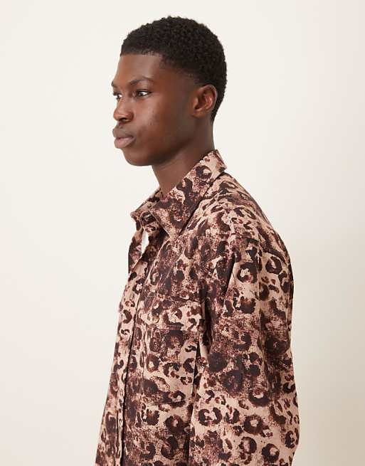 ASOS DESIGN Oversized Fit Leopard Printed Shirt With Pocket Detail In Heavy Twill