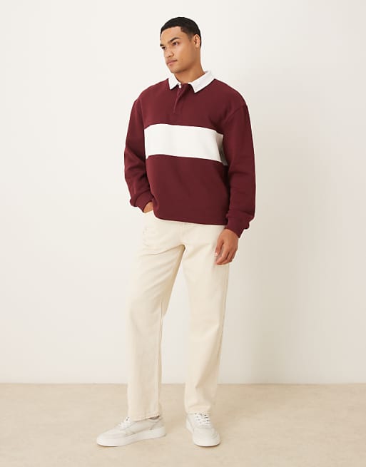 ASOS DESIGN Oversized Fit Polo Shirt With Cut And Sew Detail In Burgundy
