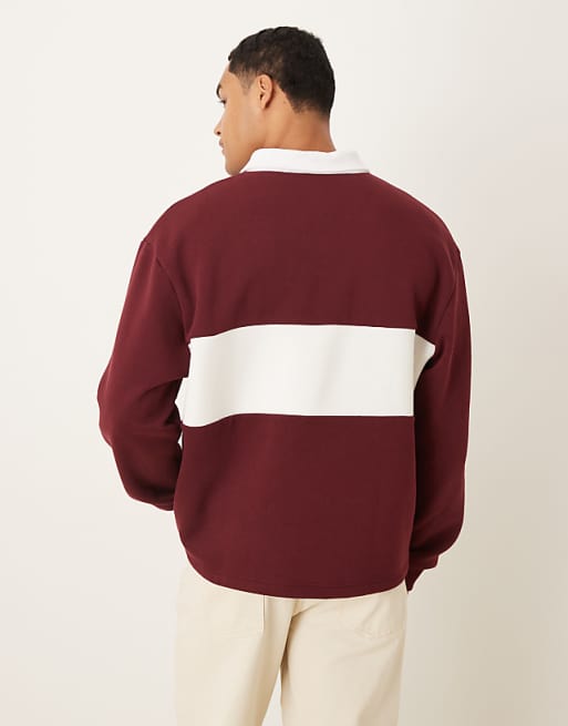 ASOS DESIGN Oversized Fit Polo Shirt With Cut And Sew Detail In Burgundy