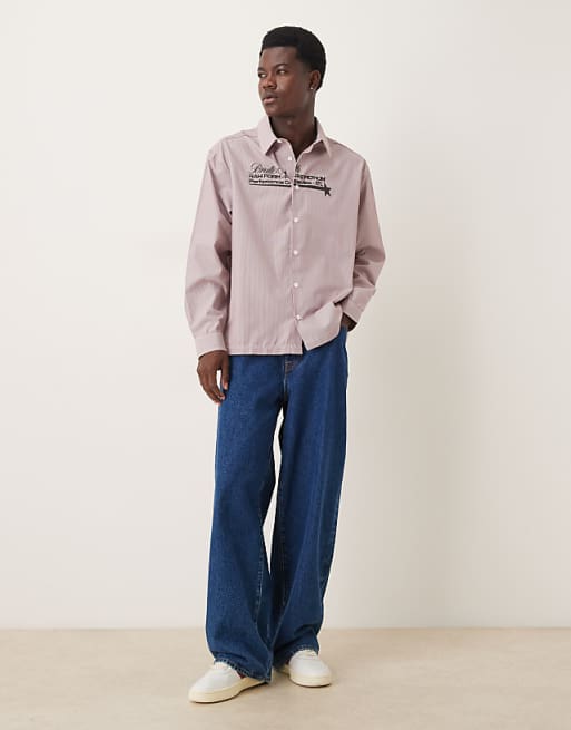 ASOS DESIGN Oversized Fit Shirt With Chest Print Detail In Burgundy Check