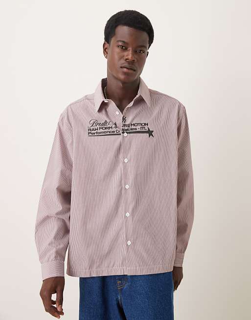 ASOS DESIGN oversized fit shirt with chest print detail in burgundy check