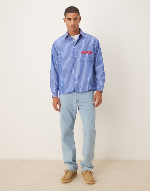ASOS DESIGN Oversized Fit Shirt With Embroidered Logo In Blue Stripe Cotton Poplin