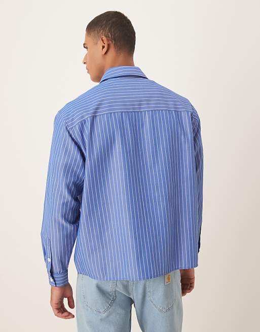 ASOS DESIGN Oversized Fit Shirt With Embroidered Logo In Blue Stripe Cotton Poplin