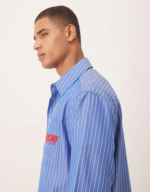 ASOS DESIGN Oversized Fit Shirt With Embroidered Logo In Blue Stripe Cotton Poplin