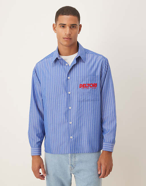 ASOS DESIGN oversized fit shirt with embroidered logo in blue stripe cotton poplin