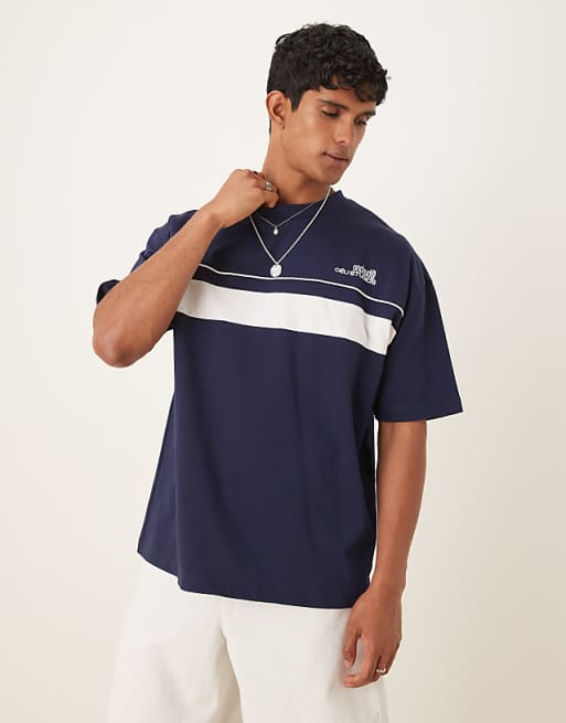 ASOS DESIGN oversized fit t-shirt with contrast chest panel in navy