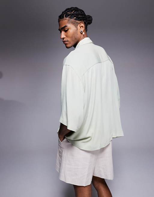 ASOS DESIGN Oversized Half Sleeve Sheer Shirt In Sage