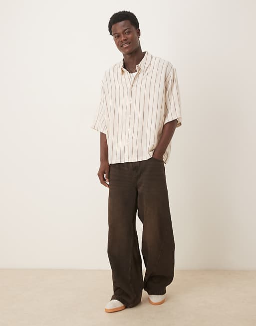 ASOS DESIGN Oversized Half Sleeve Shirt In Neutral Stripe