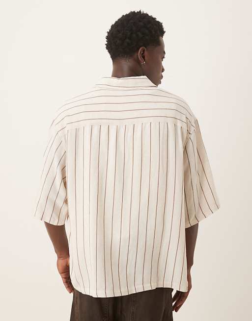 ASOS DESIGN Oversized Half Sleeve Shirt In Neutral Stripe