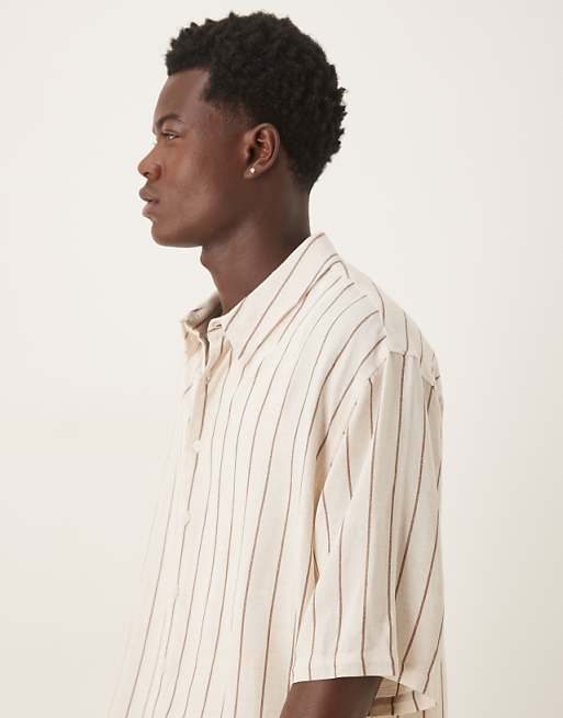 ASOS DESIGN Oversized Half Sleeve Shirt In Neutral Stripe