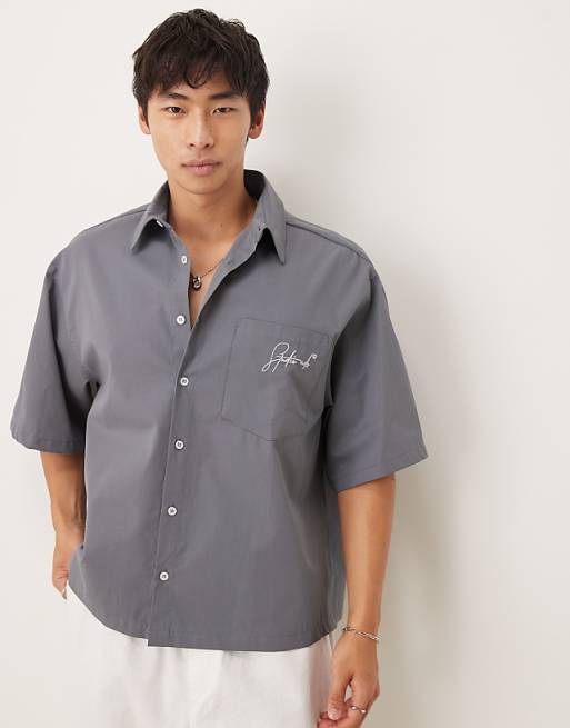 ASOS DESIGN Oversized Half Sleeve Shirt With Embroidery In Dark Grey