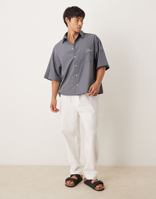 ASOS DESIGN Oversized Half Sleeve Shirt With Embroidery In Dark Grey