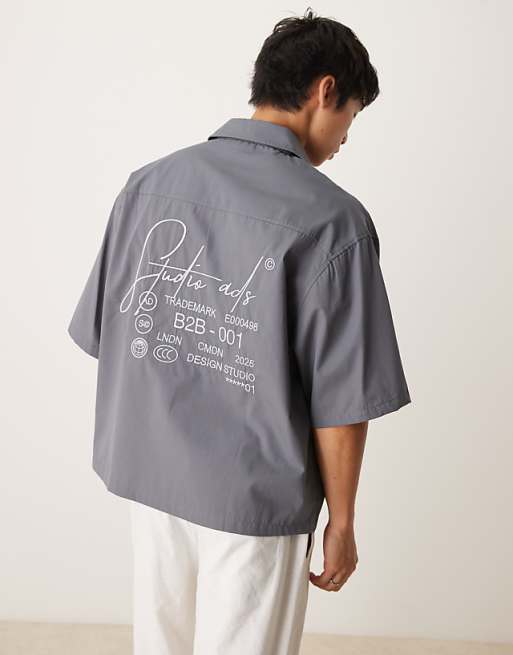 ASOS DESIGN oversized half sleeve shirt with embroidery in dark grey