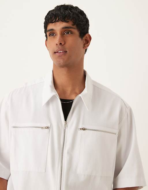 ASOS DESIGN Oversized Half Sleeve Shirt With Zip Pocket Detail In White