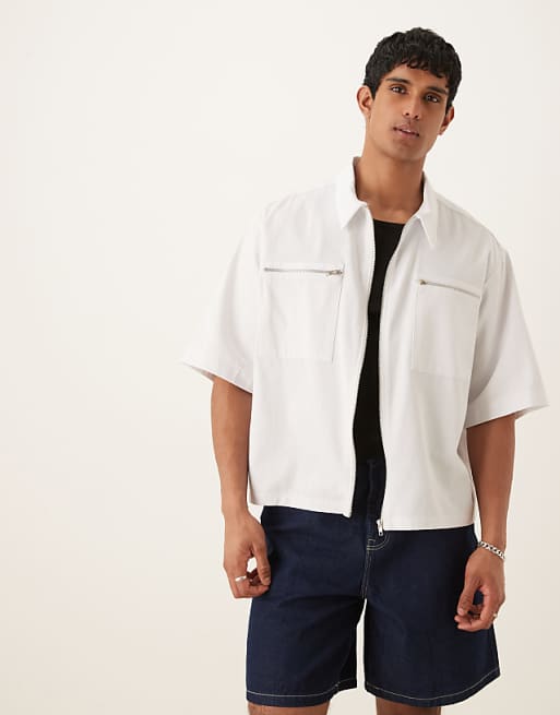 ASOS DESIGN oversized half sleeve shirt with zip pocket detail in white