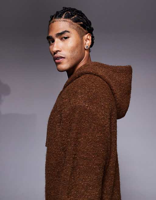 ASOS DESIGN Oversized Knitted Boucle Hoodie In Brown